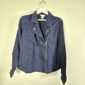Cynthia Rowley Womens 100% Linen Moto Zip Up Jacket XL Blue Lightweight Biker